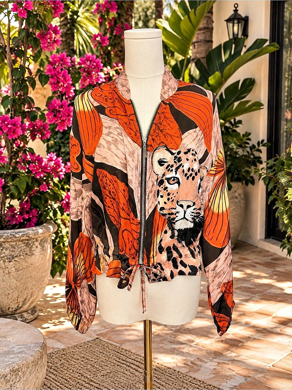 Made in Italy Animal Print Bomber Jacket in Orange & Brown OS